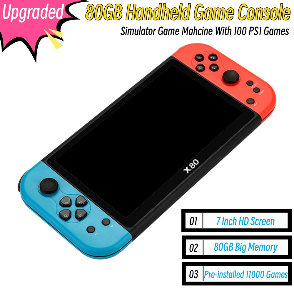 Gaming Console X80 - เครื่องเกมอาร์เคดย้อนยุคแบบพกพาคอนโซลเกมขนาด7 GB หน้าจอใหญ่80GB พร้อม11000เกมฟรีสำหรับเกมวิดีโอเกม Ps1 /mame