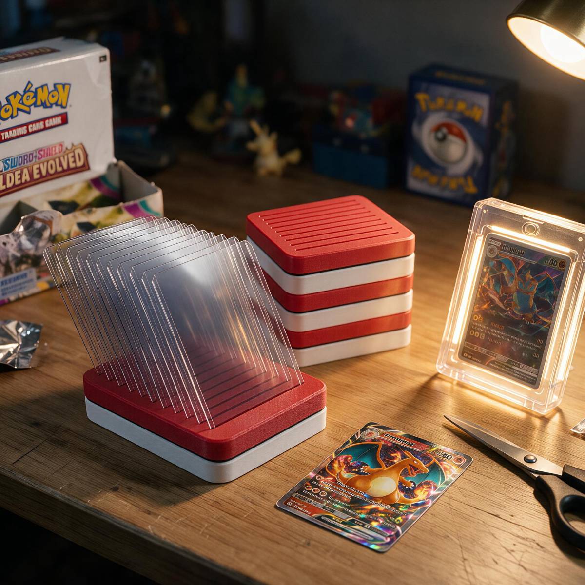 Gaming Card Holder - กรอบโชว์การ์ด PLA แบบตั้งโต๊ะ, ที่ใส่การ์ดแข็ง 10 ช่องสำหรับสะสมการ์ดโปเกมอน/เกมคิง,