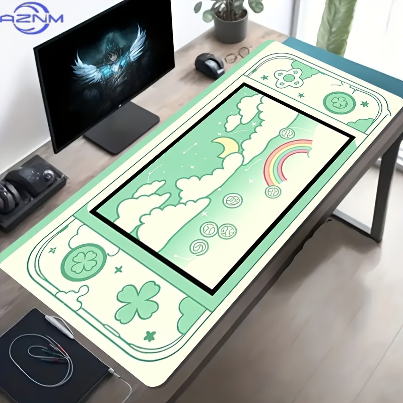 Gaming Console Cloud - แผ่นรองเมาส์เกมมิ่งขนาดใหญ่ 1 ชิ้น สีเขียวอ่อน ลายกราฟิกการ์ตูนรูปกรอบเครื่องเล่นเกมพกพา เมฆ